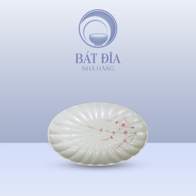 Đĩa Bầu Dục Múi Men Gốm Hoa Đào Đỏ
