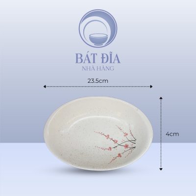 Kích Thước Đĩa Bầu Dục Sâu Lòng Men Gốm Hoa Đào Đỏ