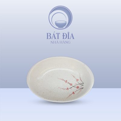 Đĩa Bầu Dục Sâu Lòng Men Gốm Hoa Đào Đỏ
