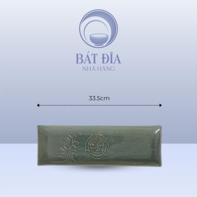 Đĩa Chữ Nhật Dài Men Xanh Khắc Hoa Cúc - 33.5cmx16cmx2.5cm