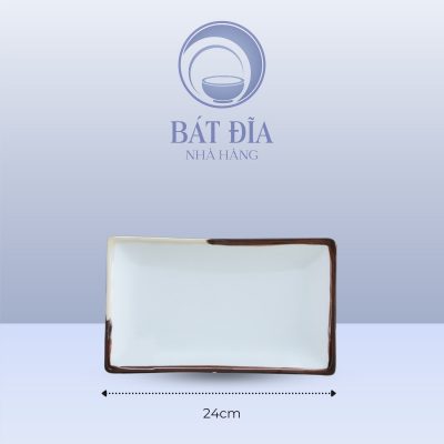 Đĩa Chữ Nhật Men Matt Trắng Kẻ Miệng - 24cmx15cmx2cm