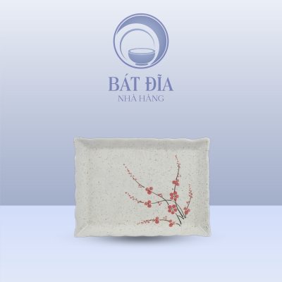 Đĩa Chữ Nhật Miệng Lượn Men Gốm Hoa Đào Đỏ