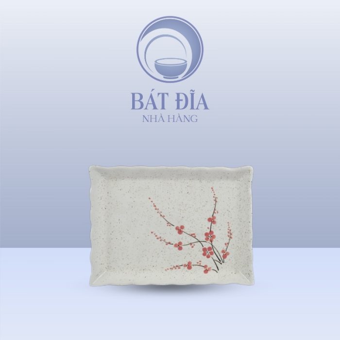 Đĩa Chữ Nhật Miệng Lượn Men Gốm Hoa Đào Đỏ