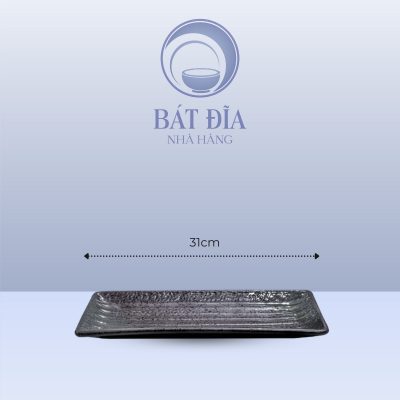 Đĩa Chữ Nhật Sần Men Đen Chấm Sơn - 31cmx12cmx3cm