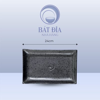 Đĩa Chữ Nhật Trơn Men Đen Chấm Sơn - 24cmx15cmx2cm