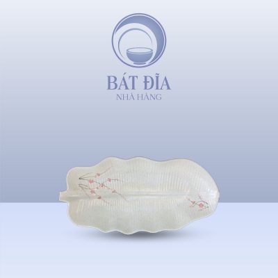 Đĩa Lá Chuối Men Gốm Hoa Đào Đỏ
