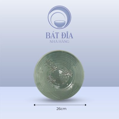 Đĩa Tròn Men Xanh Khắc Hoa Cúc - 26cmx3cm