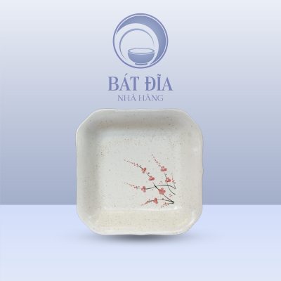 Đĩa Vuông Sâu Lòng Men Gốm Hoa Đào Đỏ