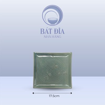 Đĩa Vuông Sâu Men Xanh Khắc Hoa Cúc - 17.5cmx2cm