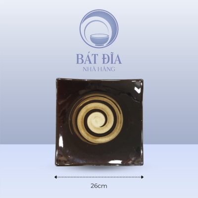 Đĩa Vuông Vếch Men Nâu Quét - 26cmx3.5cm