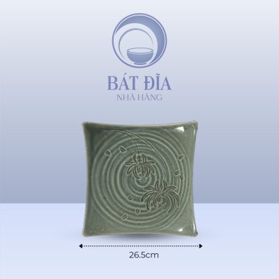Đĩa Vuông Vếch Men Xanh Khắc Hoa Cúc - 26.5cmx4cm