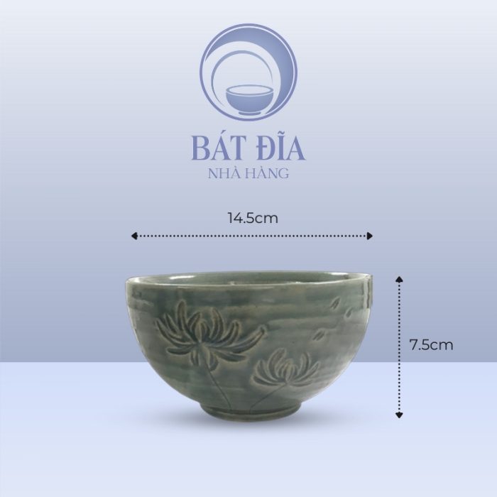 kích thước Tô Sâu Men Xanh Khắc Hoa Cúc