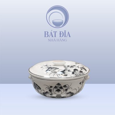 Âu Cơm Men Trắng Vẽ Hoa Sen Đen