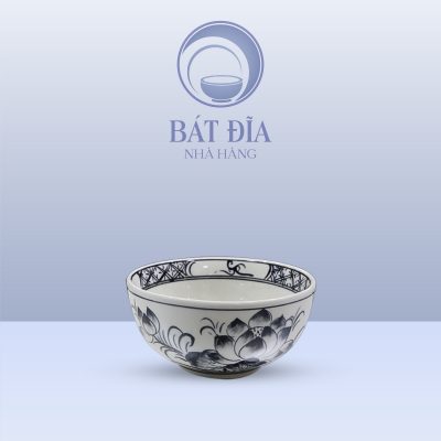 Bát Cơm Bầu Men Trắng Vẽ Hoa Sen Đen
