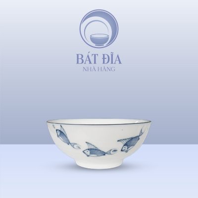 Bát Cơm Men Kem Vẽ Cá Xanh