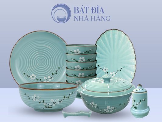 Bộ bát đĩa Men Lam Đào Trắng