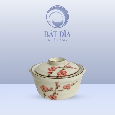 Bát Nắp Men Kem Vẽ Đào Đỏ