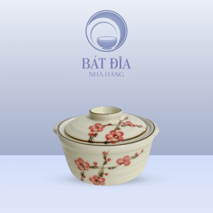 Bát Nắp Men Kem Vẽ Đào Đỏ