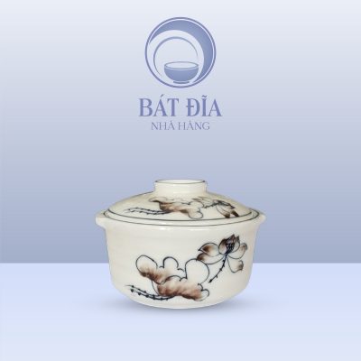 Bát Nắp Men Kem Vẽ Sen Nâu