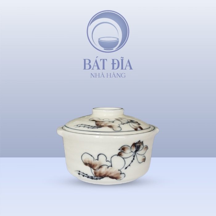 Bát Nắp Men Kem Vẽ Sen Nâu