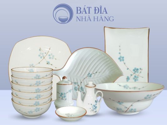 Bộ bát đĩa Men Kem Vẽ Hoa Đào Xanh