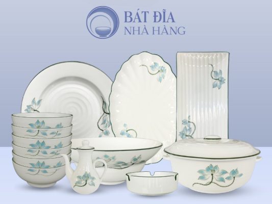 Bộ bát đĩa Men Kem Vẽ Sen Xanh