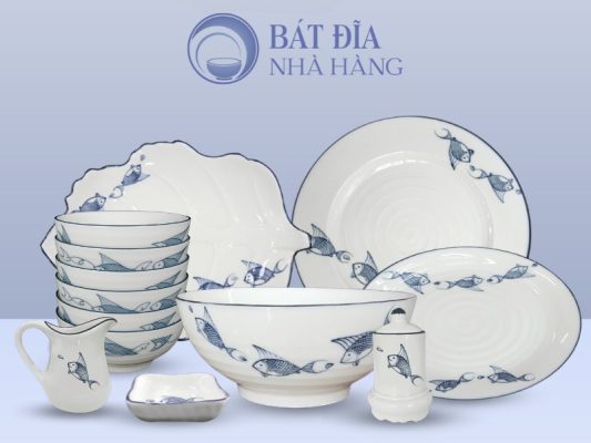 Bộ bát đĩa Men Kem Vẽ Cá Xanh