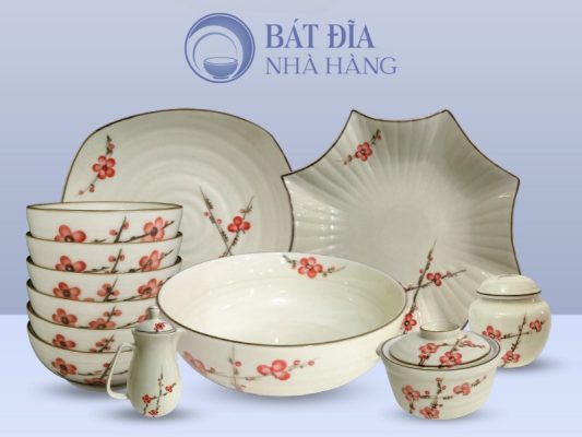 Bộ bát đĩa Men Kem Vẽ Đào Đỏ