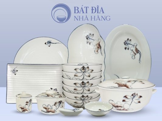 Bộ bát đĩa Men Kem Vẽ Sen Nâu