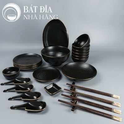 Bộ Bát Đĩa Men Matt Đen Viền Vàng Kim