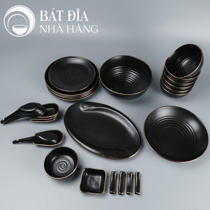 Bộ Bát Đĩa Men Matt Đen Viền Vàng Kim