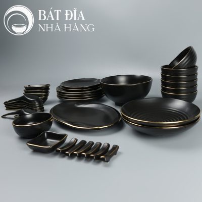 Bộ Bát Đĩa Men Matt Đen Viền Vàng Kim