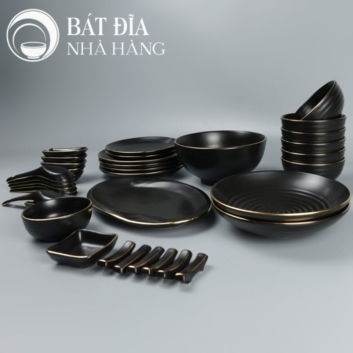 Bộ Bát Đĩa Men Matt Đen Viền Vàng Kim
