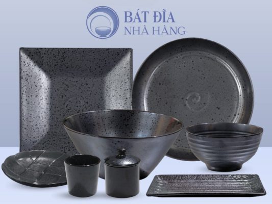 Bộ bát đĩa Men Đen Chấm Sơn