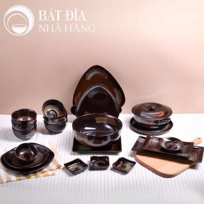 Bộ Bát Đĩa Men Hỏa Biến Nâu