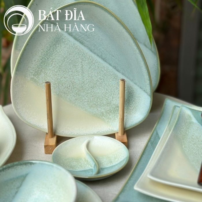 Bộ Bát Đĩa Men Hỏa Biến Xanh Trắng