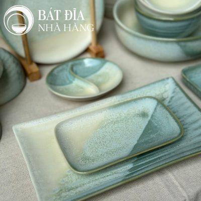 Bộ Bát Đĩa Men Hỏa Biến Xanh Trắng