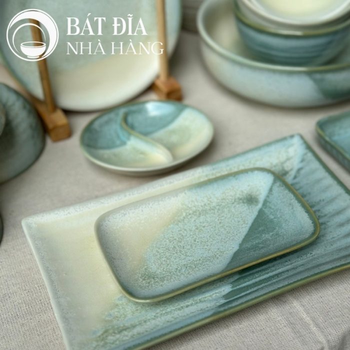 Bộ Bát Đĩa Men Hỏa Biến Xanh Trắng