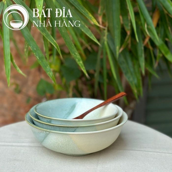 Bộ Bát Đĩa Men Hỏa Biến Xanh Trắng