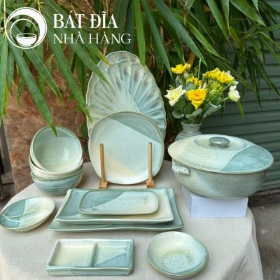 Bộ Bát Đĩa Men Hỏa Biến Xanh Trắng