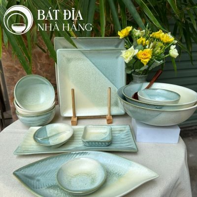 Bộ Bát Đĩa Men Hỏa Biến Xanh Trắng