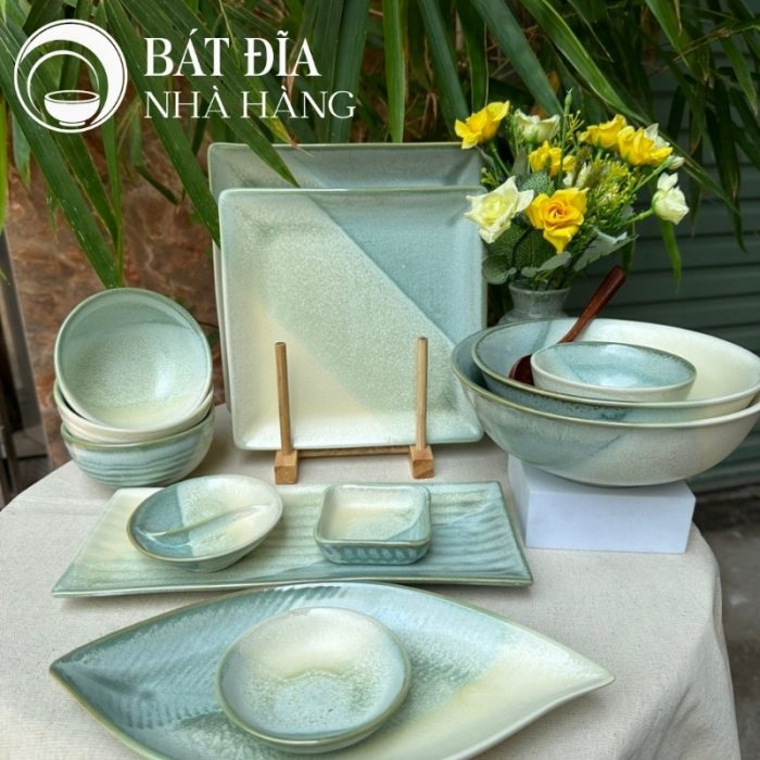 Bộ Bát Đĩa Men Hỏa Biến Xanh Trắng