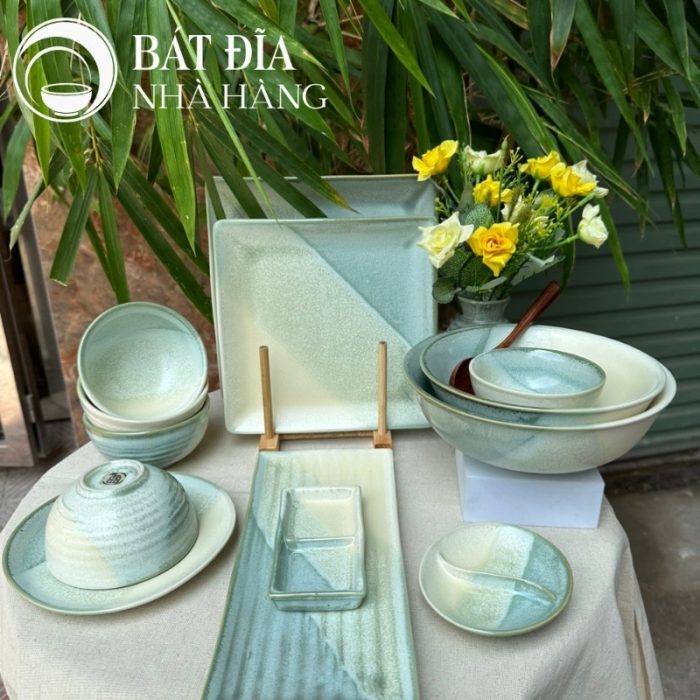 Bộ Bát Đĩa Men Hỏa Biến Xanh Trắng