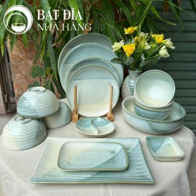 Bộ Bát Đĩa Men Hỏa Biến Xanh Trắng
