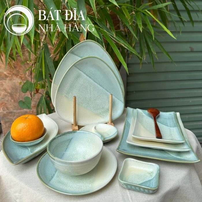 Bộ Bát Đĩa Men Hỏa Biến Xanh Trắng