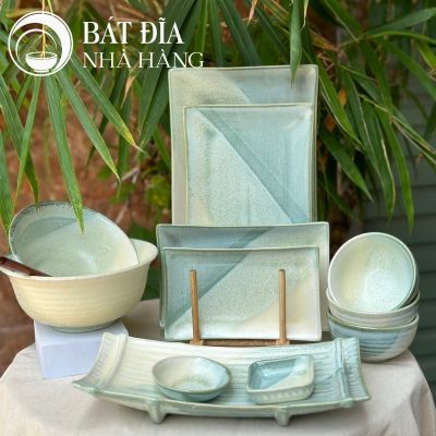 Bộ Bát Đĩa Men Hỏa Biến Xanh Trắng