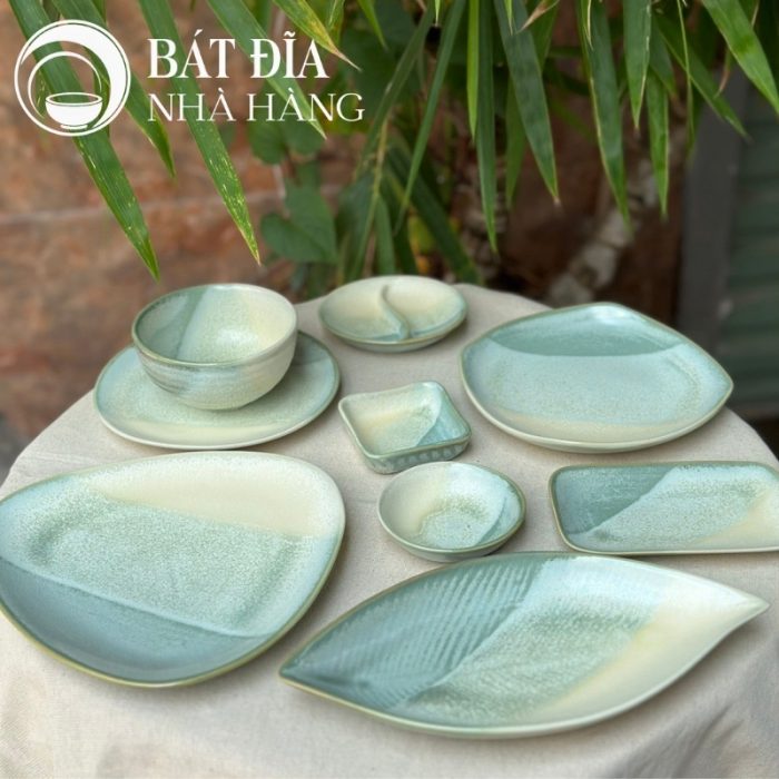 Bộ Bát Đĩa Men Hỏa Biến Xanh Trắng
