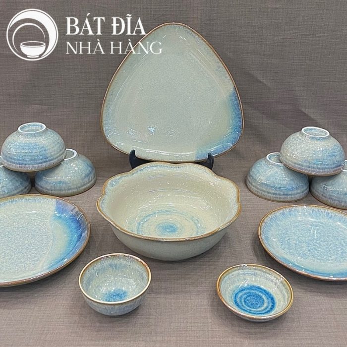 Bộ Bát Đĩa Men Hỏa Biến Xanh Viền Nâu Chảy