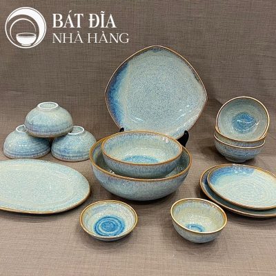 Bộ Bát Đĩa Men Hỏa Biến Xanh Viền Nâu Chảy