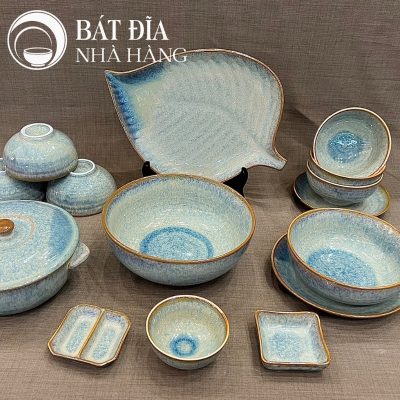 Bộ Bát Đĩa Men Hỏa Biến Xanh Viền Nâu Chảy